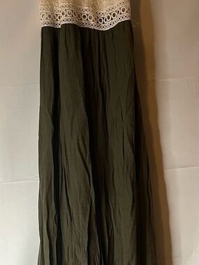 Iz Byer Olive Maxi Skirt with Cream Crochet Waistband